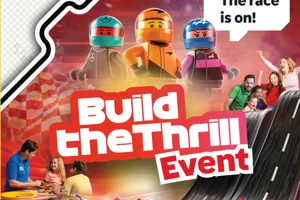 Build the Thrill F1 LEGOLAND Discovery Center event showing event specific minifigures, car builds, and a master model builder helping a young guest