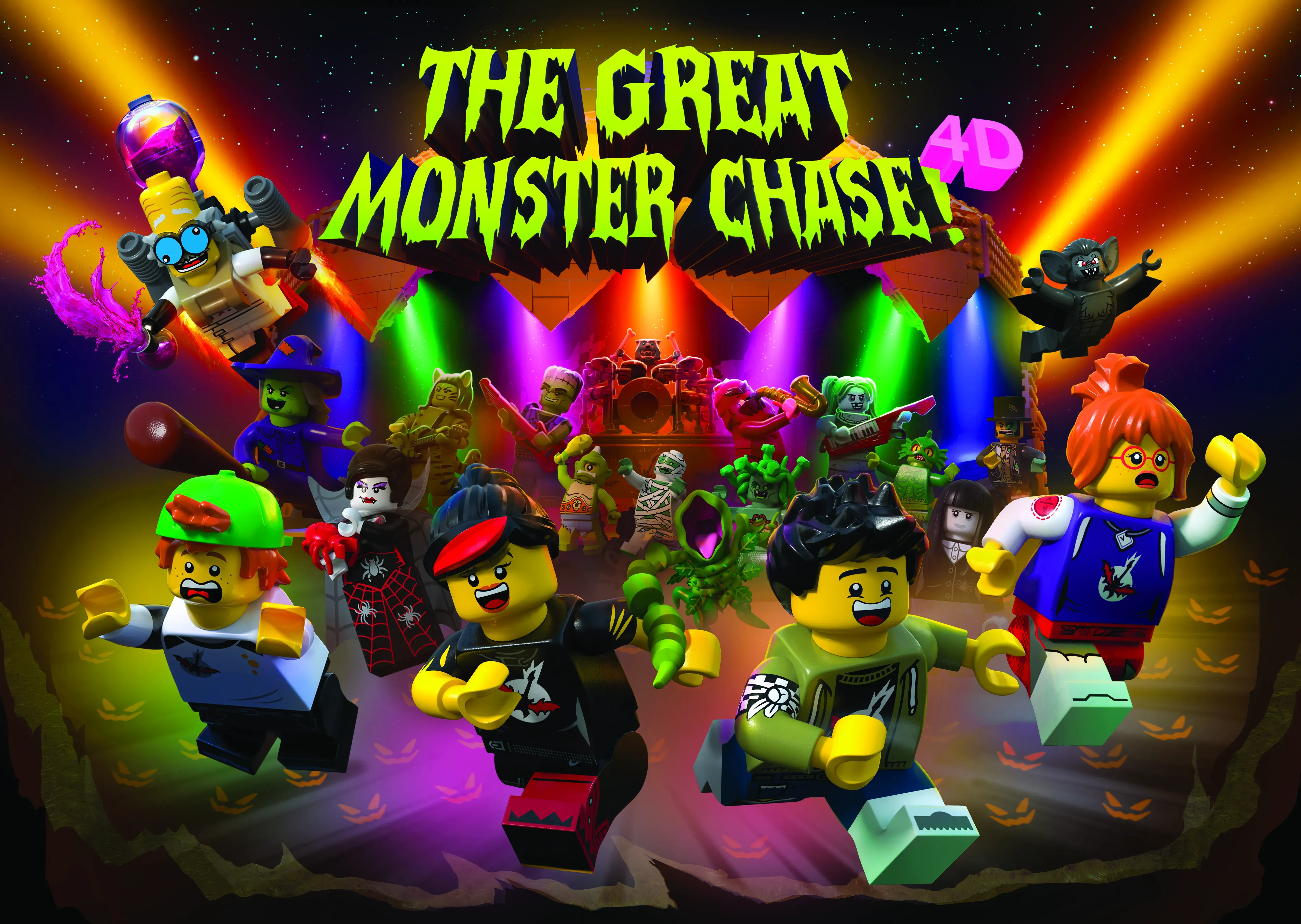 A creative showing LEGO minifigures running away from LEGO monster minifigures with the title, 'THE GREAT MONSTER CHASE'
