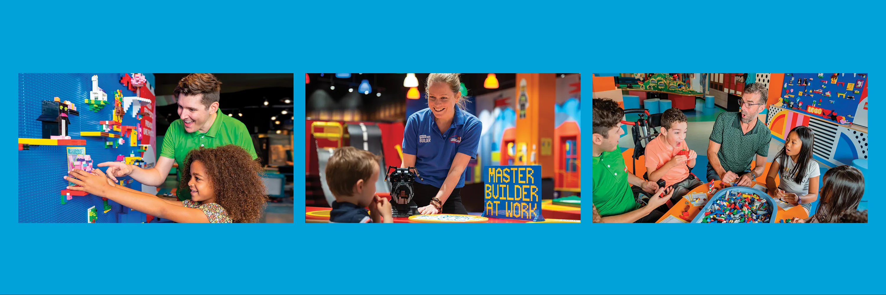 3 Horizontal images of guests interactIng with LEGOLAND Discovery employees at the Creativity Academy Event